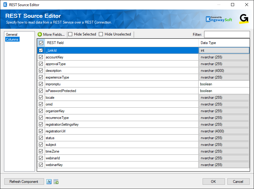 GoToWebinar Source Component - Columns